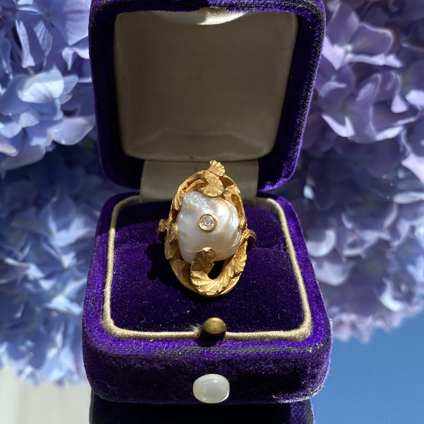 Art Nouveau Baroque Pearl & Diamond Ring sold by Doyle and Doyle an antique and vintage jewelry boutique.