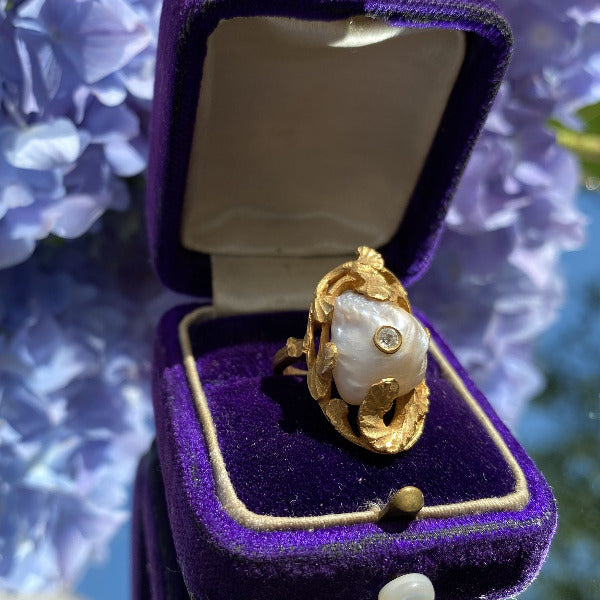 Art Nouveau Baroque Pearl & Diamond Ring sold by Doyle and Doyle an antique and vintage jewelry boutique.
