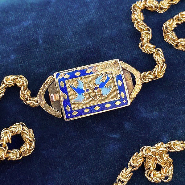 Antique Georgian gold chain with enamel clasp, sold by Doyle & Doyle an antique and vintage jewelry boutique.