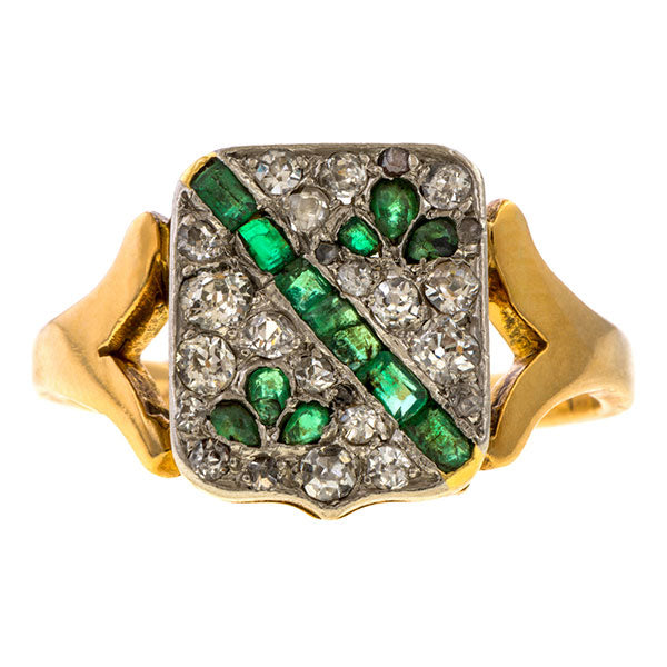 Vintage Emerald & Diamond Coat of Arms Ring sold by Doyle & Doyle an antique and vintage jewelry boutique.