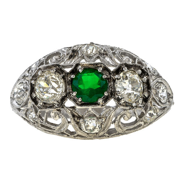 Art Deco Emerald & Diamond Filigree Ring sold by Doyle & Doyle an antique and vintage jewelry boutique.