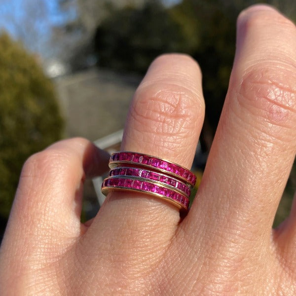 Vintage Ruby Eternity Wedding Band sold by Doyle & Doyle an antique and vintage jewelry boutique.