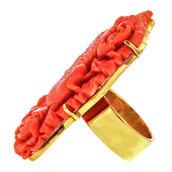 Vintage Carved Coral Ring sold by Doyle and Doyle an antique and vintage jewelry boutique