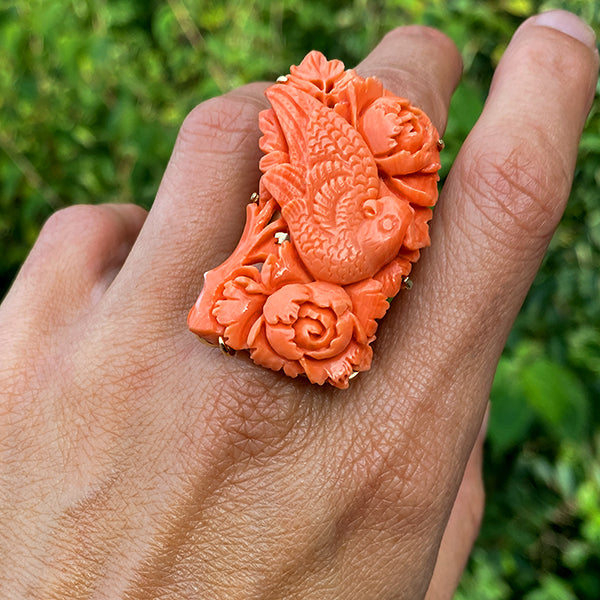 Vintage Carved Coral Ring sold by Doyle and Doyle an antique and vintage jewelry boutique