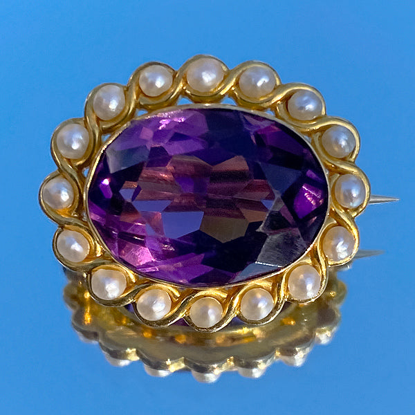 Vintage Amethyst & Pearl Pin sold by Doyle and Doyle an antique and vintage jewelry boutique