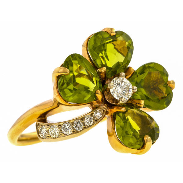 Vintage Peridot & Diamond Clover Ring sold by Doyle and Doyle an antique and vintage jewelry boutique