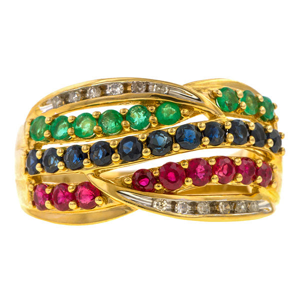 Vintage Ruby, Sapphire, Emerald & Diamond Band Ring sold by Doyle and Doyle an antique and vintage jewelry boutique 