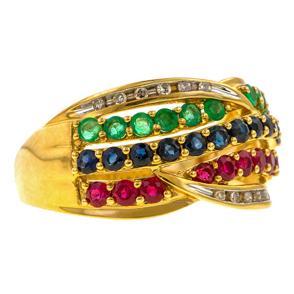 Vintage Ruby, Sapphire, Emerald & Diamond Band Ring sold by Doyle and Doyle an antique and vintage jewelry boutique