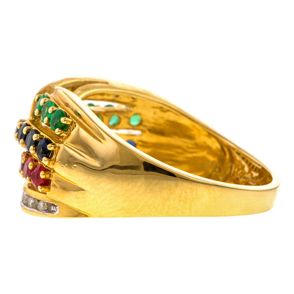 Vintage Ruby, Sapphire, Emerald & Diamond Band Ring sold by Doyle and Doyle an antique and vintage jewelry boutique