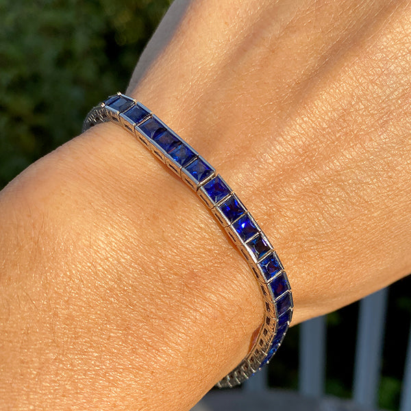 Art Deco Style Sapphire Straight Line Bracelet sold by Doyle and Doyle an antique and vintage jewelry boutique