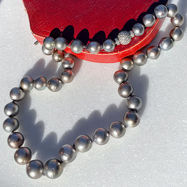 Vintage Black South Sea Pearl Necklace sold by Doyle and Doyle an antique and vintage jewelry boutique