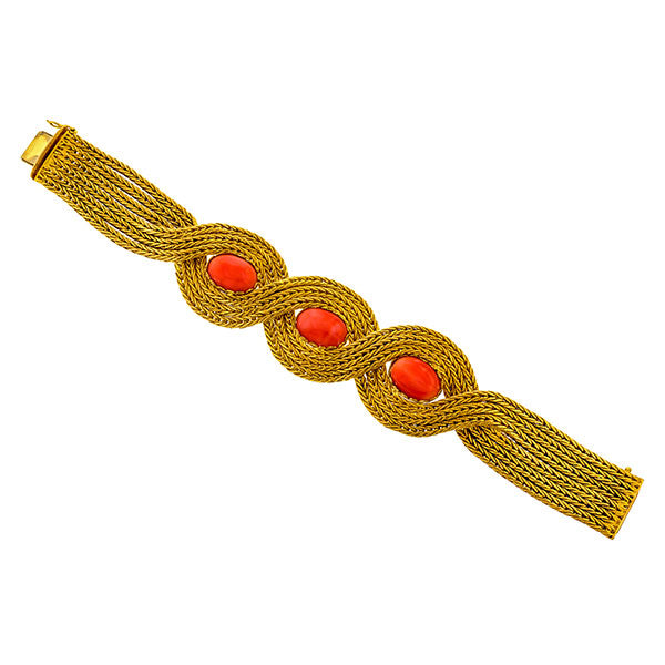 Vintage Coral & Woven Gold Bracelet sold by Doyle and Doyle an antique and vintage jewelry boutique