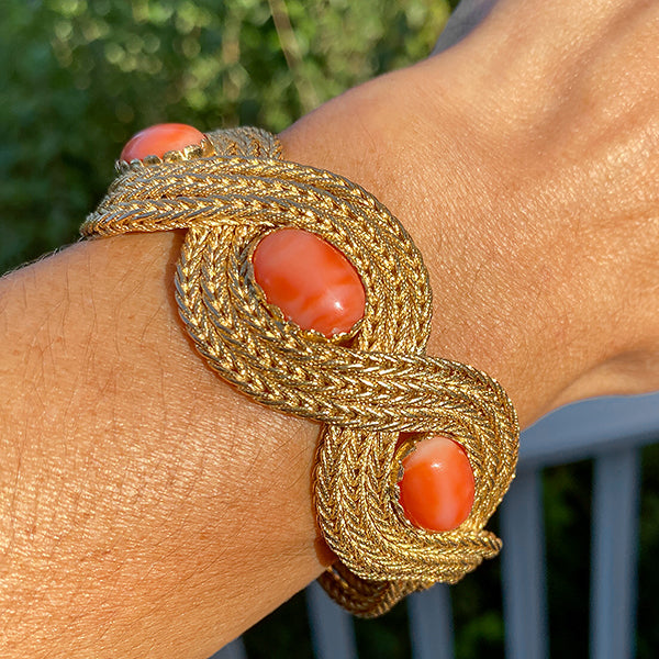 Vintage Coral & Woven Gold Bracelet sold by Doyle and Doyle an antique and vintage jewelry boutique