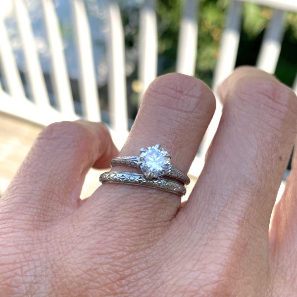 Vintage Patterned Wedding Band, 18k white sold by Doyle & Doyle vintage and antique jewelry boutique.