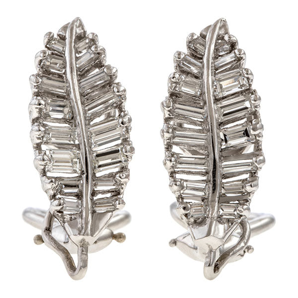 Vintage Baguette Diamond Leaf Clip Earrings sold by Doyle and Doyle an antique and vintage jewelry boutique