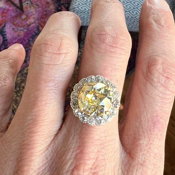 Antique Fancy Yellow Diamond Halo Cluster Engagement Ring, from Doyle & Doyle antique and vintage jewelry boutique