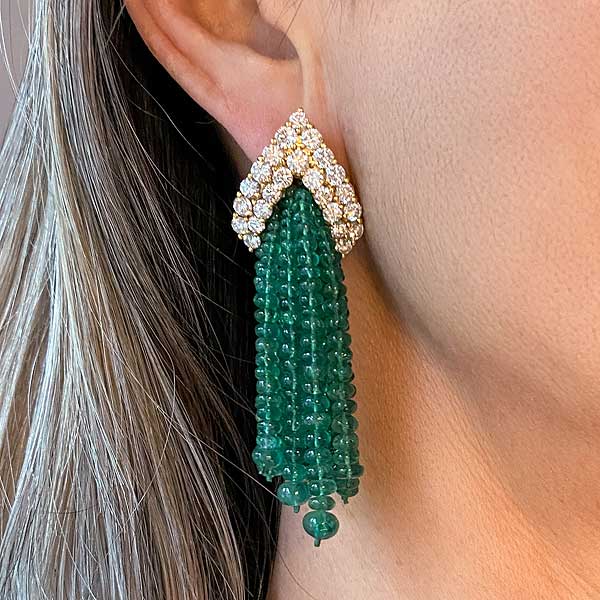 Vintage Diamond & Emerald Bead Tassel Earrings sold by Doyle and Doyle an antique and vintage jewelry boutique