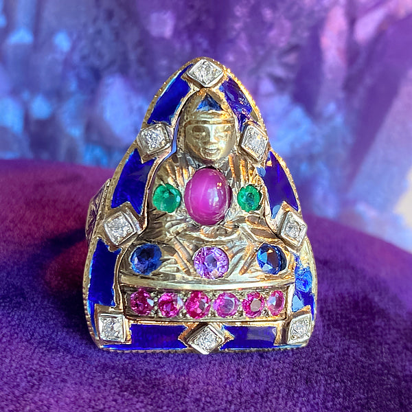 Vintage Ruby, Emerald, Sapphire & Diamond Enamel Ring sold by Doyle and Doyle an antique and vintage jewelry boutique