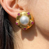 Vintage Pearl & Ruby Button Earrings sold by Doyle and Doyle an antique and vintage jewelry boutique