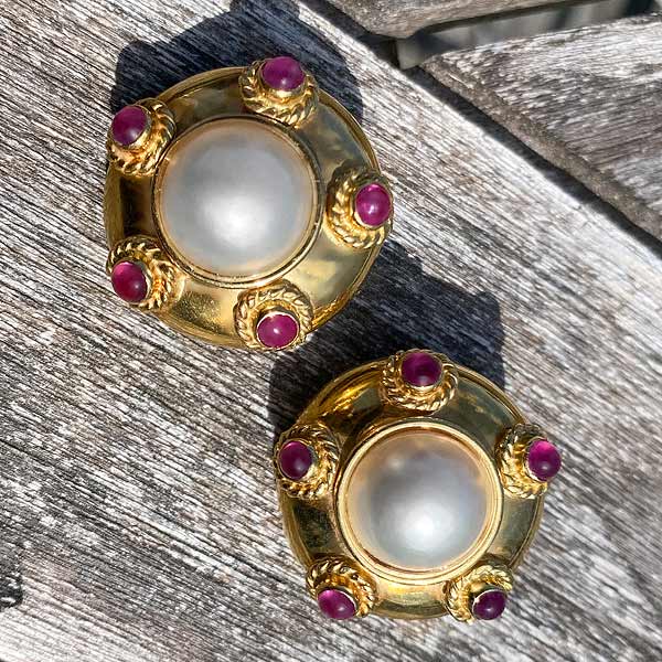 Vintage Pearl & Ruby Button Earrings sold by Doyle and Doyle an antique and vintage jewelry boutique