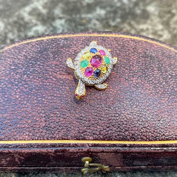 Estate Colored Stone & Diamond Turtle Brooch sold by Doyle and Doyle an antique and vintage jewelry boutique