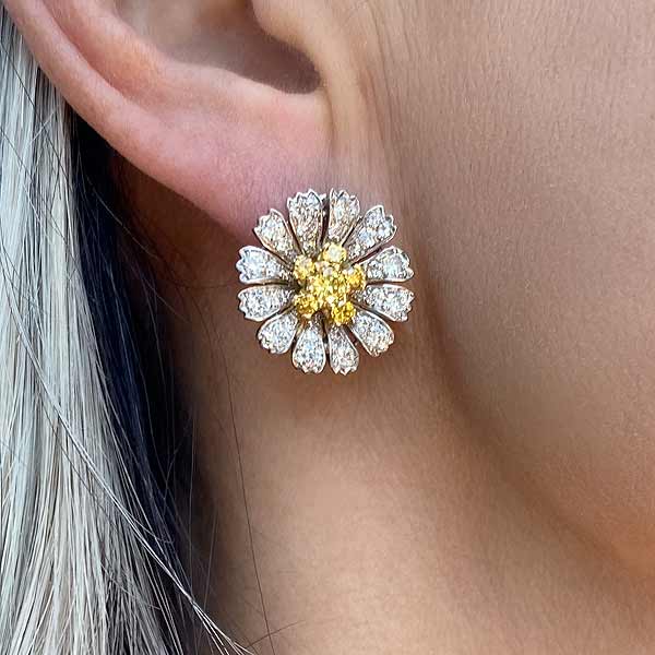 Estate Yellow & White Diamond Flower Earrings sold by Doyle and Doyle an antique and vintage jewelry boutique