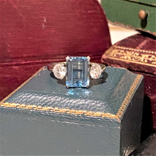 Vintage Aquamarine & Diamond Ring sold by Doyle and Doyle an antique and vintage jewelry boutique