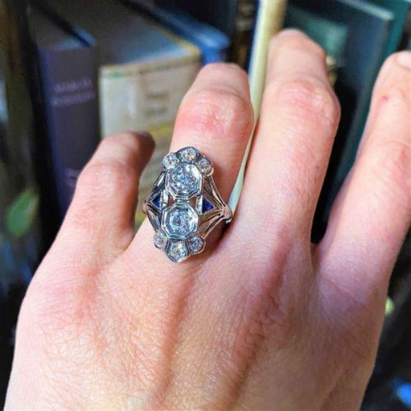 Art Deco Diamond & Sapphire Dinner Ring sold by Doyle and Doyle an antique and vintage jewelry boutique
