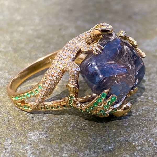 Tumbled Sapphire, Diamond, Emerald & Yellow Diamond Ring sold by Doyle and Doyle an antique and vintage jewelry boutique