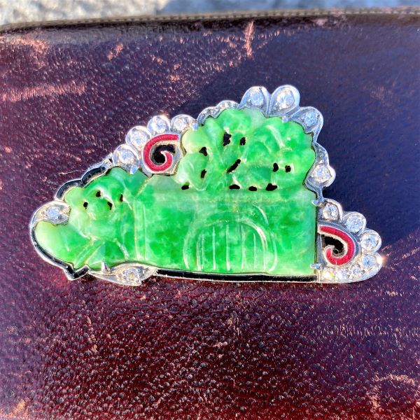 Art Deco Jade & Diamond Brooch sold by Doyle and Doyle an antique and vintage jewelry boutique