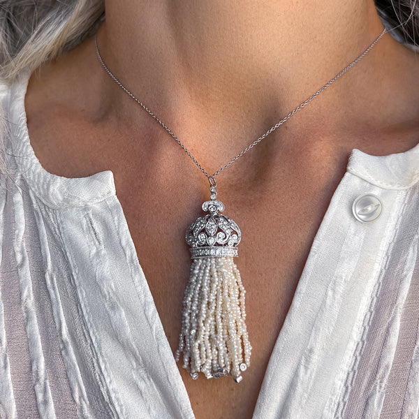 Vintage Diamond and Pearl Tassel Necklace, sold by Doyle & Doyle an antique and vintage jewelry boutique