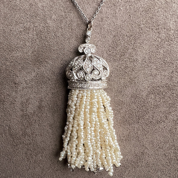 Vintage Diamond and Pearl Tassel Necklace, sold by Doyle & Doyle an antique and vintage jewelry boutique