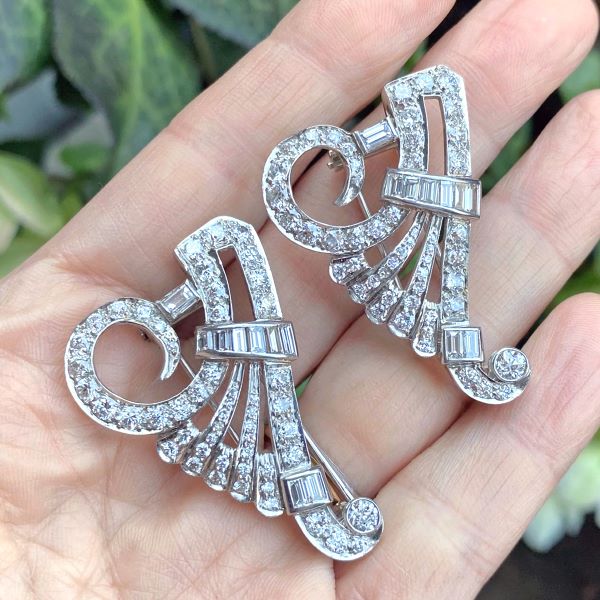 Pair of Art Deco Diamond Clip Brooches, from Doyle & Doyle antique and vintage jewelry boutique