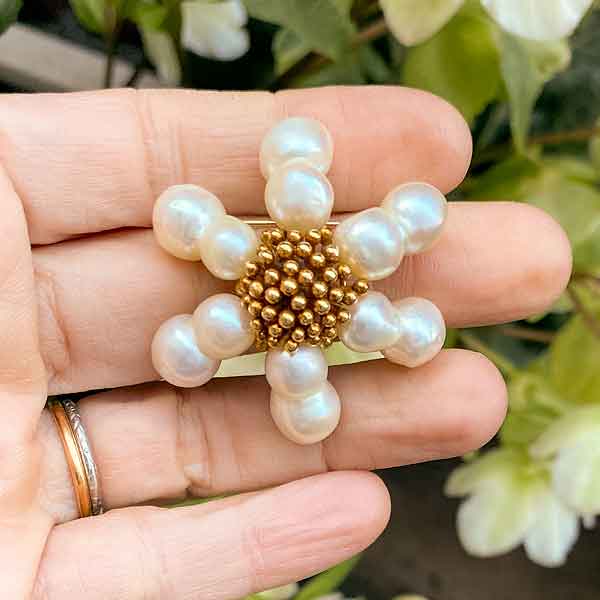 Vintage Pearl Flower Pin sold by Doyle and Doyle an antique and vintage jewelry boutique