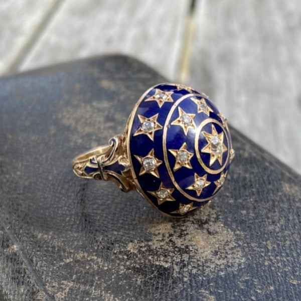 Vintage Diamond & Blue Enamel Ring sold by Doyle and Doyle an antique and vintage jewelry boutique