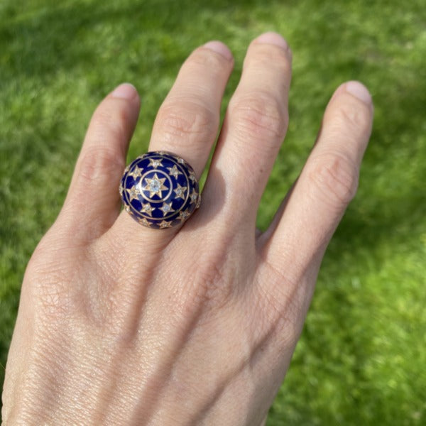 Vintage Diamond & Blue Enamel Ring sold by Doyle and Doyle an antique and vintage jewelry boutique 