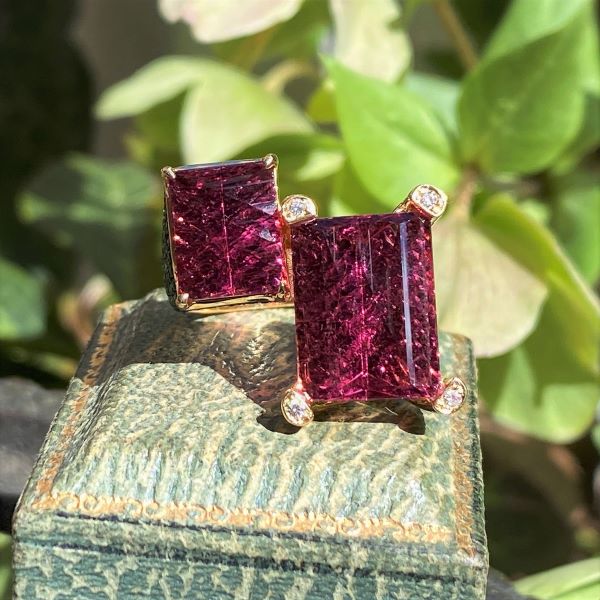 Pink Tourmaline, Emerald & Diamond Ring  sold by Doyle and Doyle an antique and vintage jewelry boutique