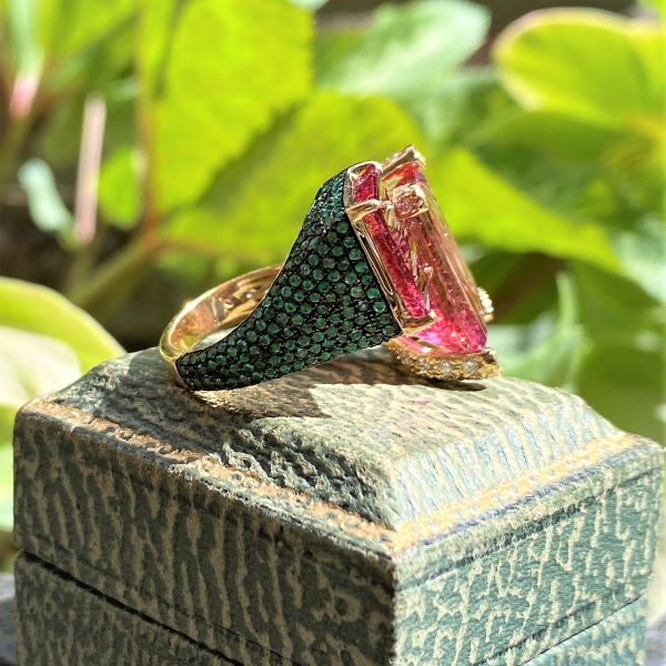 Pink Tourmaline, Emerald & Diamond Ring sold by Doyle and Doyle an antique and vintage jewelry boutique