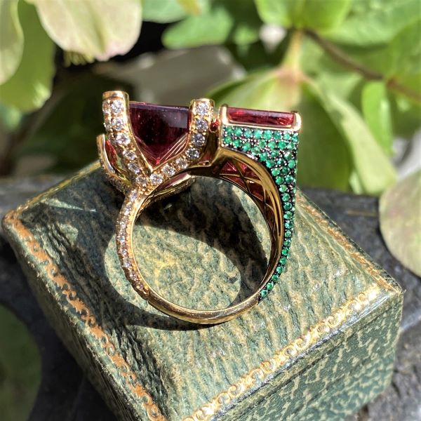 Pink Tourmaline, Emerald & Diamond Ring sold by Doyle and Doyle an antique and vintage jewelry boutique