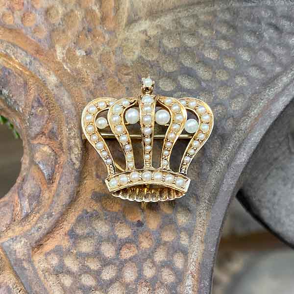 Antique Pearl Crown Pin sold by Doyle and Doyle an antique and vintage jewelry boutique