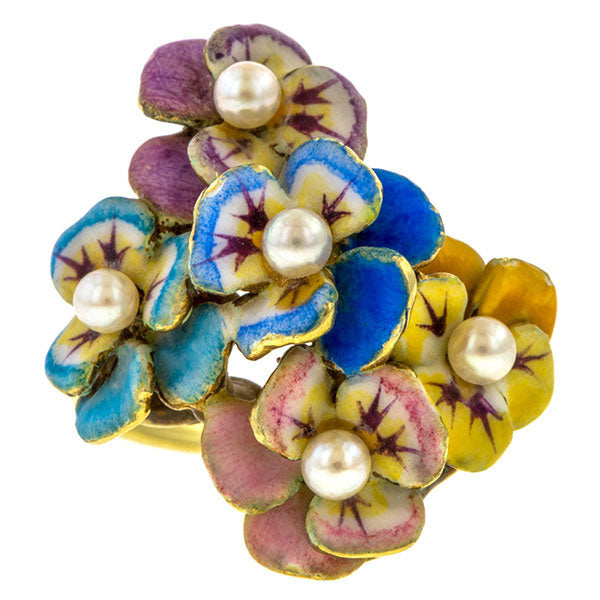 Antique Enamel & Pearl Flower Ring sold by Doyle and Doyle an antique and vintage jewelry boutique