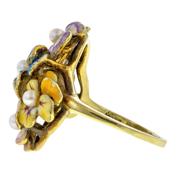 Antique Enamel & Pearl Flower Ring sold by Doyle and Doyle an antique and vintage jewelry boutique
