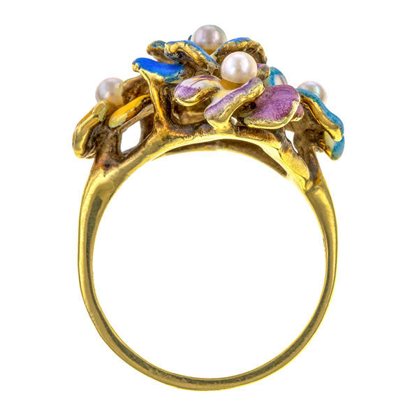 Antique Enamel & Pearl Flower Ring sold by Doyle and Doyle an antique and vintage jewelry boutique