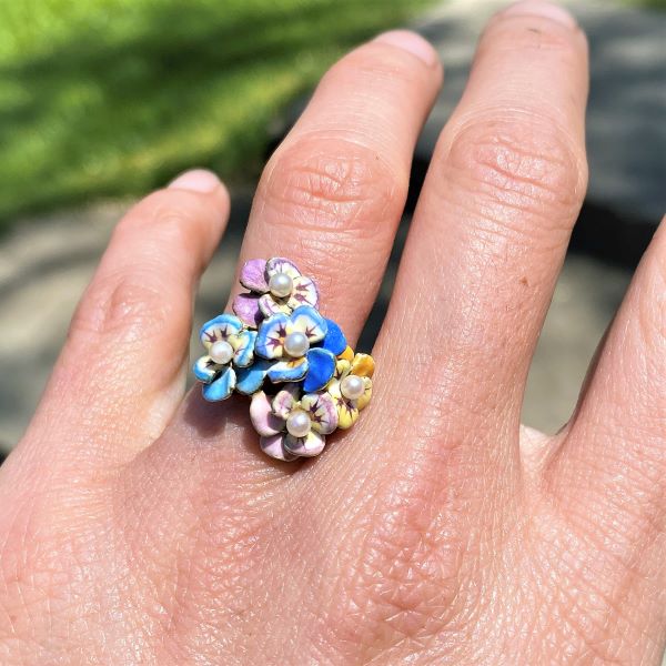Antique Enamel & Pearl Flower Ring sold by Doyle and Doyle an antique and vintage jewelry boutique