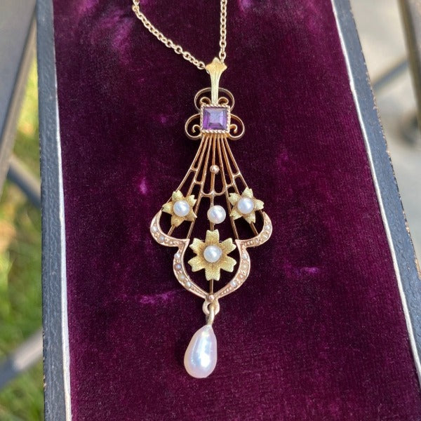 Vintage Amethyst & Pearl Lavalier Pendant sold by Doyle and Doyle an antique and vintage jewelry boutique
