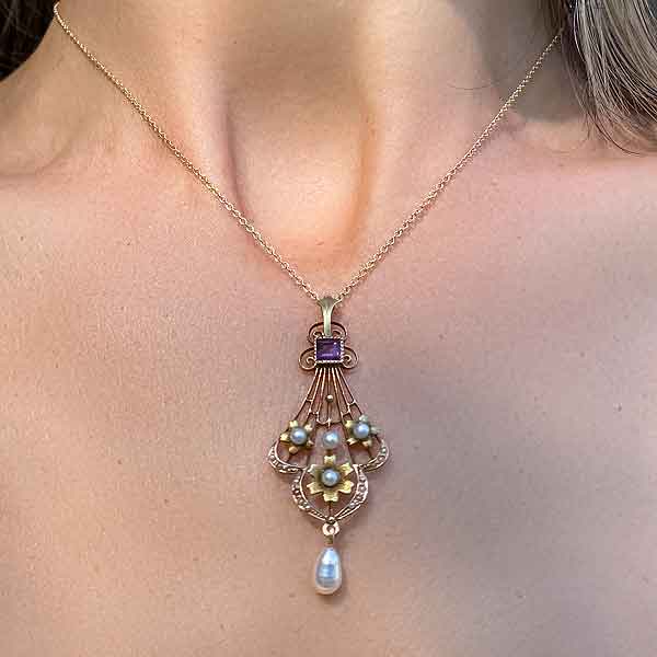 Vintage Amethyst & Pearl Lavalier Pendant sold by Doyle and Doyle an antique and vintage jewelry boutique