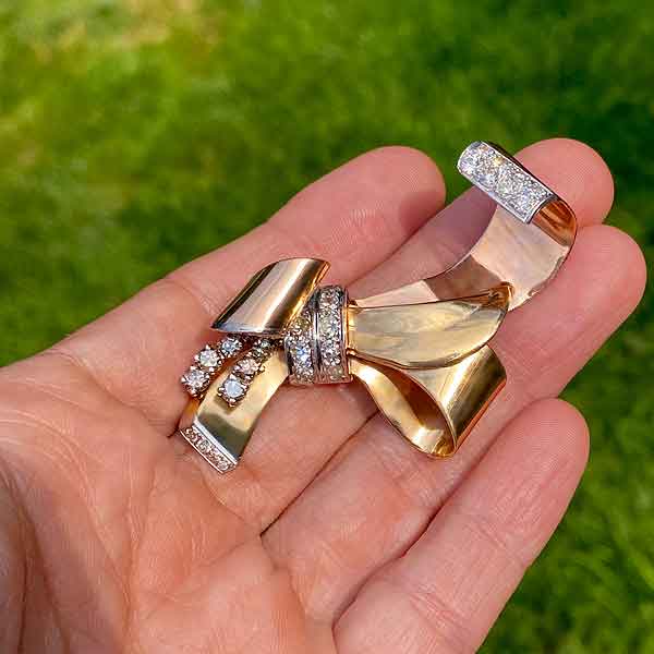 Retro Diamond Bow Brooch sold by Doyle and Doyle an antique and vintage jewelry boutique
