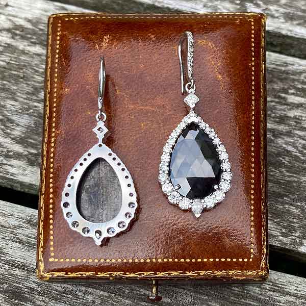 Rose Cut Black Diamond & White Diamond Drop Earrings sold by Doyle and Doyle an antique and vintage jewelry boutique