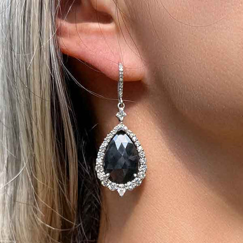 Rose Cut Black Diamond & White Diamond Drop Earrings sold by Doyle and Doyle an antique and vintage jewelry boutique