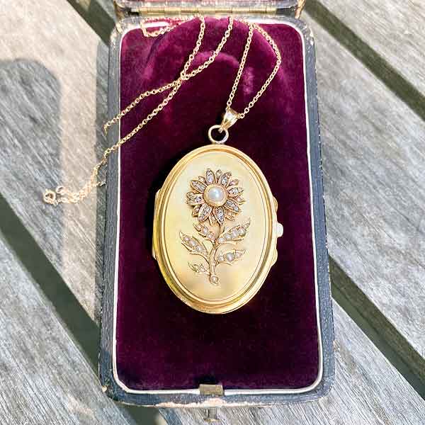 Victorian Pearl & Diamond Locket sold by Doyle and Doyle an antique and vintage jewelry boutique